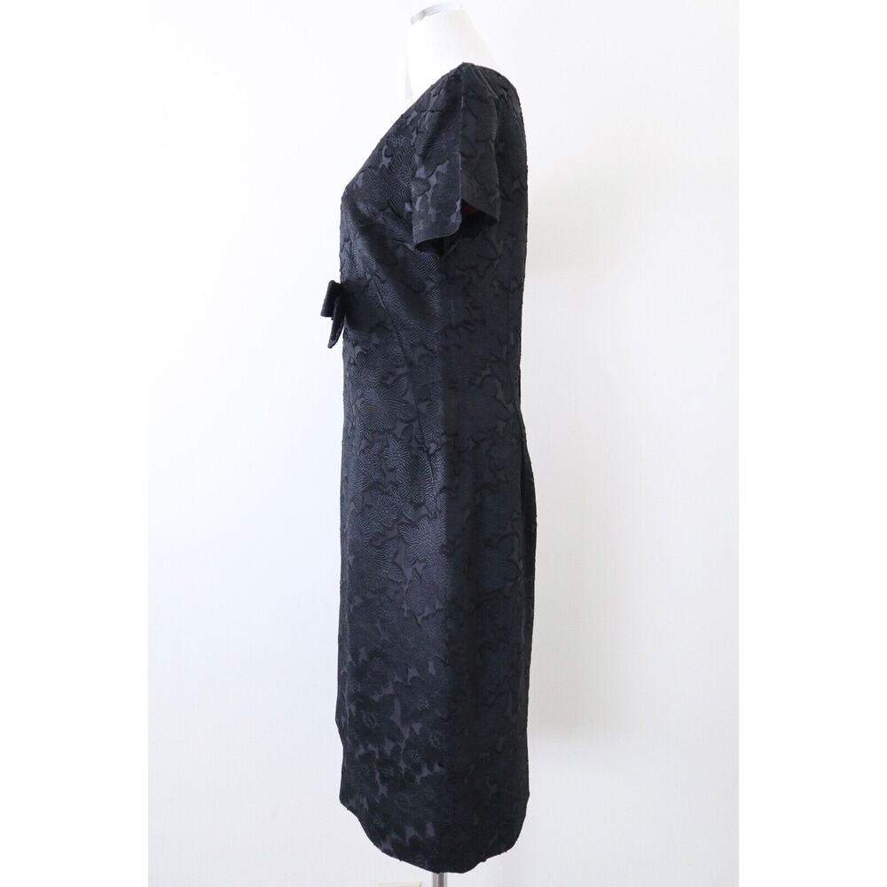 Vintage 1960s Boat Neck Sheath Dress Bow Front Short Sleeve Jacquard Black - Picture 7 of 11